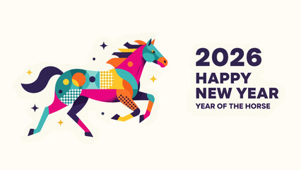 Colorful illustration celebrating the Chinese New Year of the Horse in 2026.