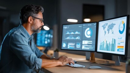Medium shot focused on a data scientist analyzing predictive analytics on multiple monitors to optimize tax planning outcomes. - Powered by Adobe