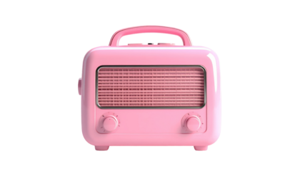 Pink, retro-style radio with a handle, knobs, and speaker grill, isolated on a black background