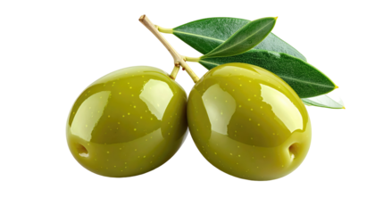 Glossy green olives, still on their stem with accompanying leaves, set against a black background