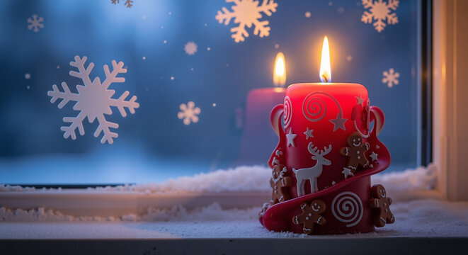 Red holiday candle glowing by snowy window with festive decorations  