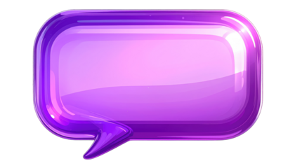 Glossy purple speech bubble with rounded rectangular body and triangular tail, against a transparent background