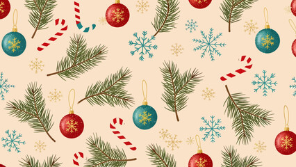 Festive Christmas-themed pattern featuring ornaments, candy canes, snowflakes, and pine branches.