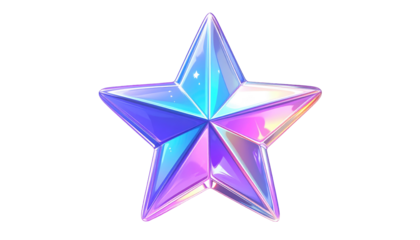 A colorful, glossy, five-pointed star with iridescent blues, pinks, and purples shines against a black background