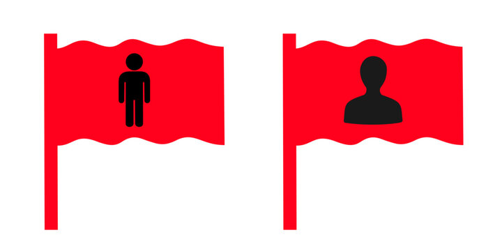 Person on wavy red flag - warning sign and caution on bad and dangerous human, man and male. Vector illustration isolated on white.	