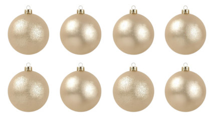 Beige, gold glittery Christmas ornaments shine with soft light. Great for holiday product photography, branding, and posters.