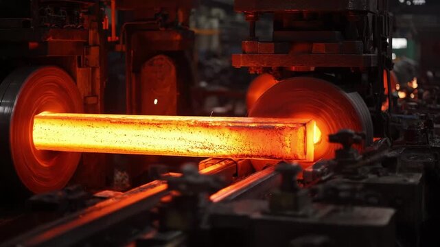 Medium shot of continuous roll forging with glowing billet being elongated steadily under heavy industrial rolls in a hightech manufacturing plant.