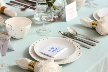 Elegant table setting for Nobel prize day with clean plates, closeup
