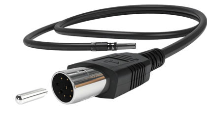 Black cable with chrome connector, with a protective cap, coiled against a black background