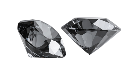 Two cut diamonds, gleaming and reflecting light, against a solid black background showcasing facets and sharp edges