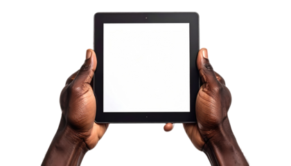 Two hands holding a blank tablet against a black background, viewed from behind the tablet