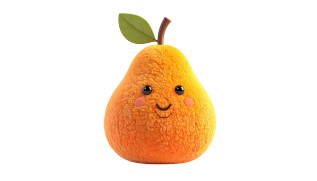 Cute, fuzzy orange pear cartoon character with a friendly smiling face, stem and leaf on a black backdrop