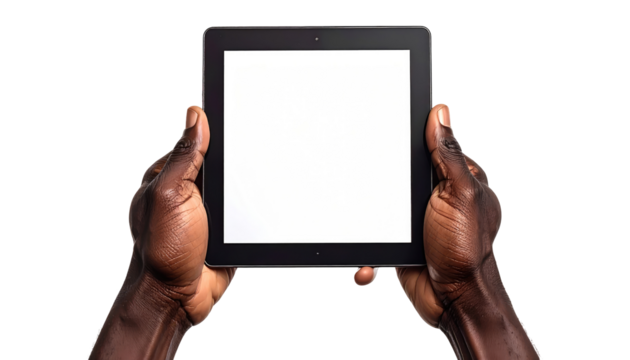 Two hands holding a blank tablet against a black background, viewed from behind the tablet