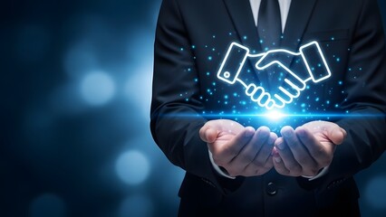 Businessman holding glowing handshake symbol partnership agreement and collaboration concept