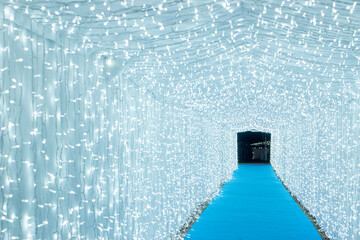 A long perspective tunnel fully covered with sparkling Christmas lights