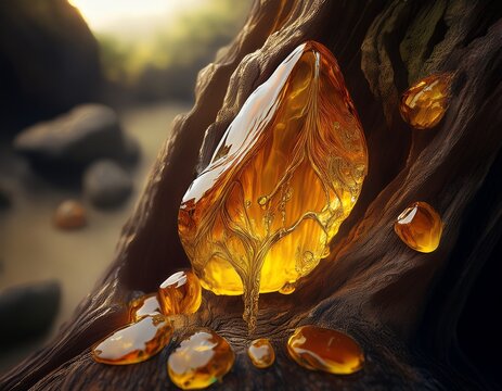 fossilized amber drips from a tree trunk earthy slow geological patina organic