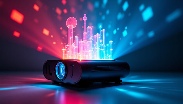 Neon Projection: Digital Cityscape Emerging from a Modern Home Projector