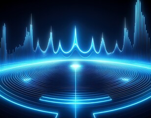 futuristic neon background of blue glowing sound waves in radial pattern audio waveform visualization with circular neon lights perfect for music and tech designs