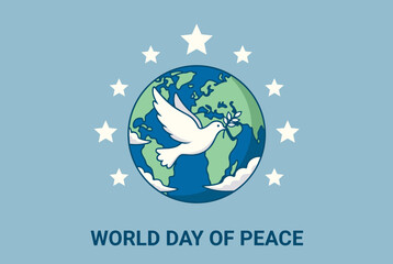 Peace Day illustration with dove carrying olive branch flying over globe surrounded by white stars on blue background.