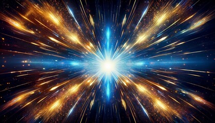 Fototapeta premium cosmic energy burst with blue and gold light exploding in space creating a dramatic luminous scene with radiant particles motion and depth for futuristic celestial or abstract background