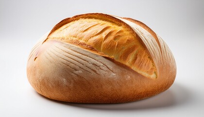 freshly baked round bread loaf with golden crust and soft interior on white background