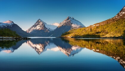 Naklejka premium scenic mountain ridge reflected in tranquil water lake capturing the serene beauty of norwegian nature with majestic peaks clear blue sky and peaceful reflection in a calm fjord landscape at sunris