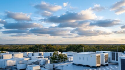 A panoramic shot of a newly built freezer warehouse with solar panels on the roof and energy-efficient cooling towers, representing the next generation of sustainable cold storage — eco-friendly