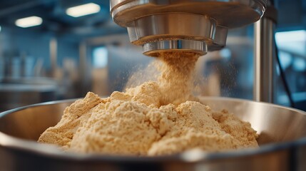 A stainless steel industrial mixer churning dough in a commercial bakery, flour dust rising around the bright metal bowl — food production workflow, robust bakery equipment, and durable stainless