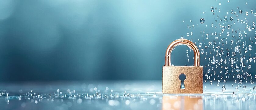 A golden padlock sits on a reflective surface with water drops, set against an abstract blue background.