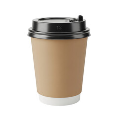 Brown paper coffee cup mockup with black lid isolated on transparent background for takeaway drinks
