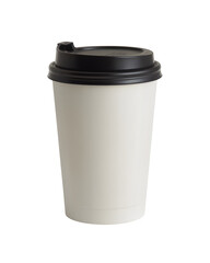 Blank white paper coffee cup with black lid isolated on transparent background