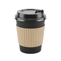 Black disposable coffee cup mockup with corrugated cardboard sleeve isolated on transparent background