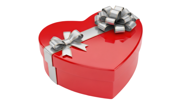 Red Heart Shaped Gift Box With Silver Ribbon and Bow Isolated on Transparent Background - Powered by Adobe