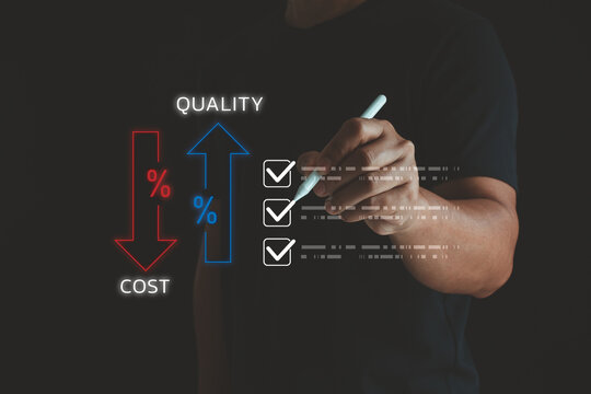 A person marking digital checkboxes with rising quality and reduced cost graphics, symbolizing efficiency, performance improvement, business optimization and strategic quality management.