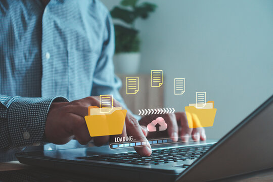 Transfer files data system relocation on cloud system with AI technology concept. access to backup copy data, business document storage, upload and download, archive, share, migration online database.