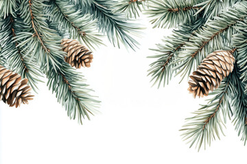 Obraz premium Watercolor background with fir tree branches with pine cones arranged in a corner composition