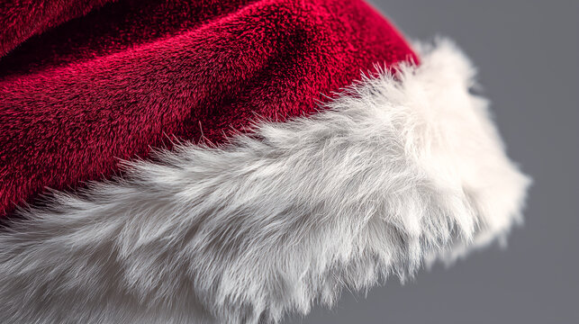 Studio detail shot of a red velvet Santa hat brim, soft white fur fibers glowing under diffused light, capturing classic Christmas warmth and texture. - Powered by Adobe