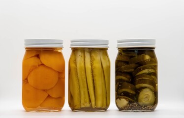 Three jars filled with preserved foods sit on a simple white background. The left jar contains peach slices, the middle jar has pickled cucumbers, and the right jar features banana slices in syrup.