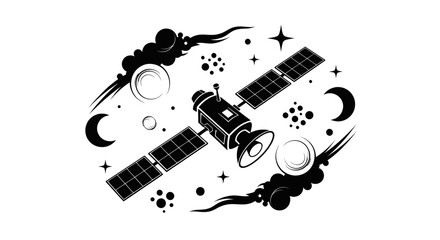 Fototapeta premium Monochrome Satellite Illustration with Solar Panels and Antenna.