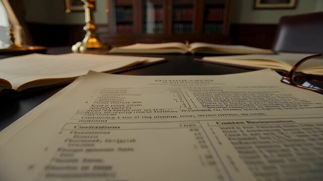 Vintage documents and pen on desk with glasses for study and legal paperwork review