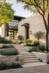 A contemporary home design nestled within a stunning landscape, surrounded by lush greenery, all set in a serene residential neighborhood bathed in the warm glow of late afternoon sunlight