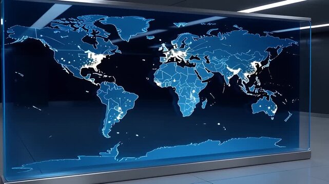 World map animation: global network visualization with glowing data points and connections effect - Powered by Adobe