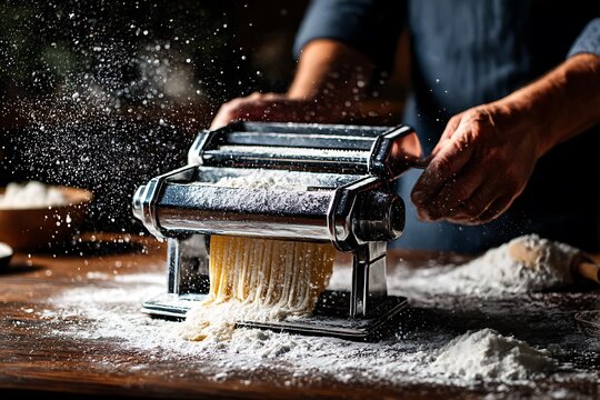 Close-up of hands using a pasta machine to make fresh spaghetti with a flour cloud on a dark wooden surface, symbolizing homemade Italian food and culinary passion.