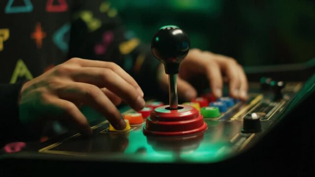 Gamer's hands manipulating joystick, pressing vibrant buttons on arcade game
