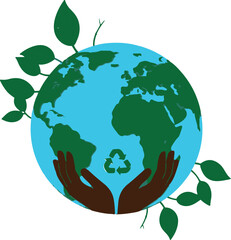 Earth held in hands with green leaves and recycling symbol globe world vector illustration EPS file download.
