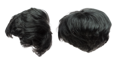 Short straight Wig hair style fly fall explosion. Silver gray man woman wig hair float in mid air. Middle age elderly wig hair wind blow cloud throw. White background isolated high speed freeze motion