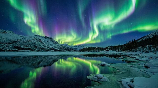 Vibrant green and purple aurora borealis dances spectacularly above snowy mountains and icy water - Powered by Adobe