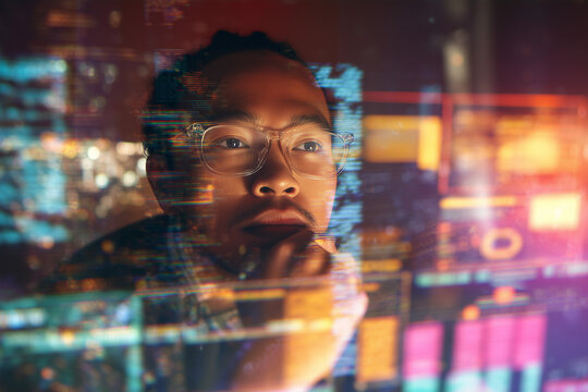 College student using virtual AI artificial intelligence technology & machine learning. Interactive technology in uni classroom. Innovation & smart tech. AI hologram in education & gaming. futuristic	