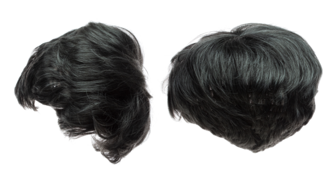 Short straight Wig hair style fly fall explosion. Silver gray man woman wig hair float in mid air. Middle age elderly wig hair wind blow cloud throw. White background isolated high speed freeze motion