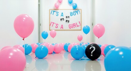 Gender reveal party decorations with pink and blue balloons. Black balloon with question mark for baby gender surprise. Pregnancy announcement and baby shower celebration